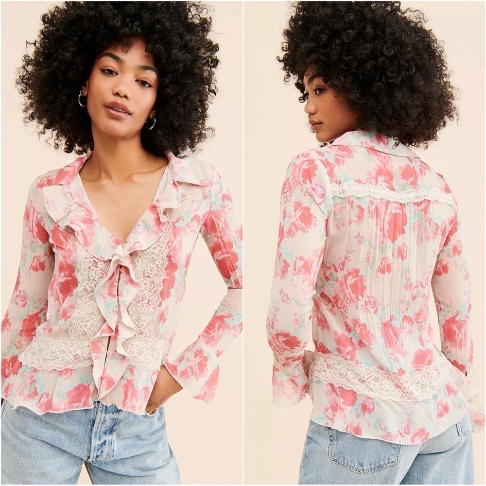 Free People Top Bad At Love Blouse Long Sleeve Floral Pink Cream M NWT New